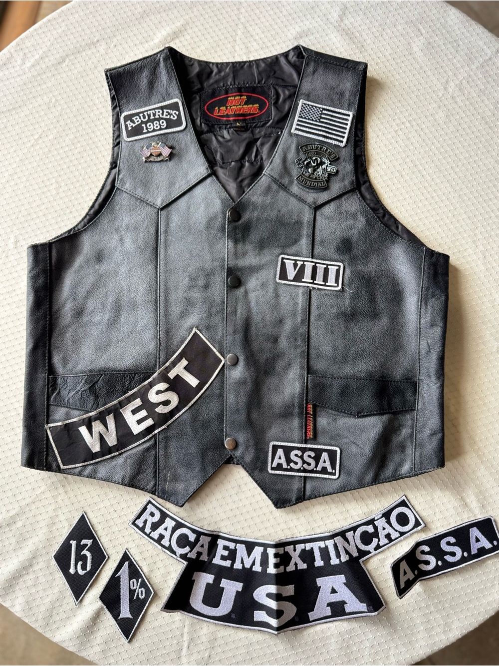 Men's Black Leather Patch Vest - Motor Club Style